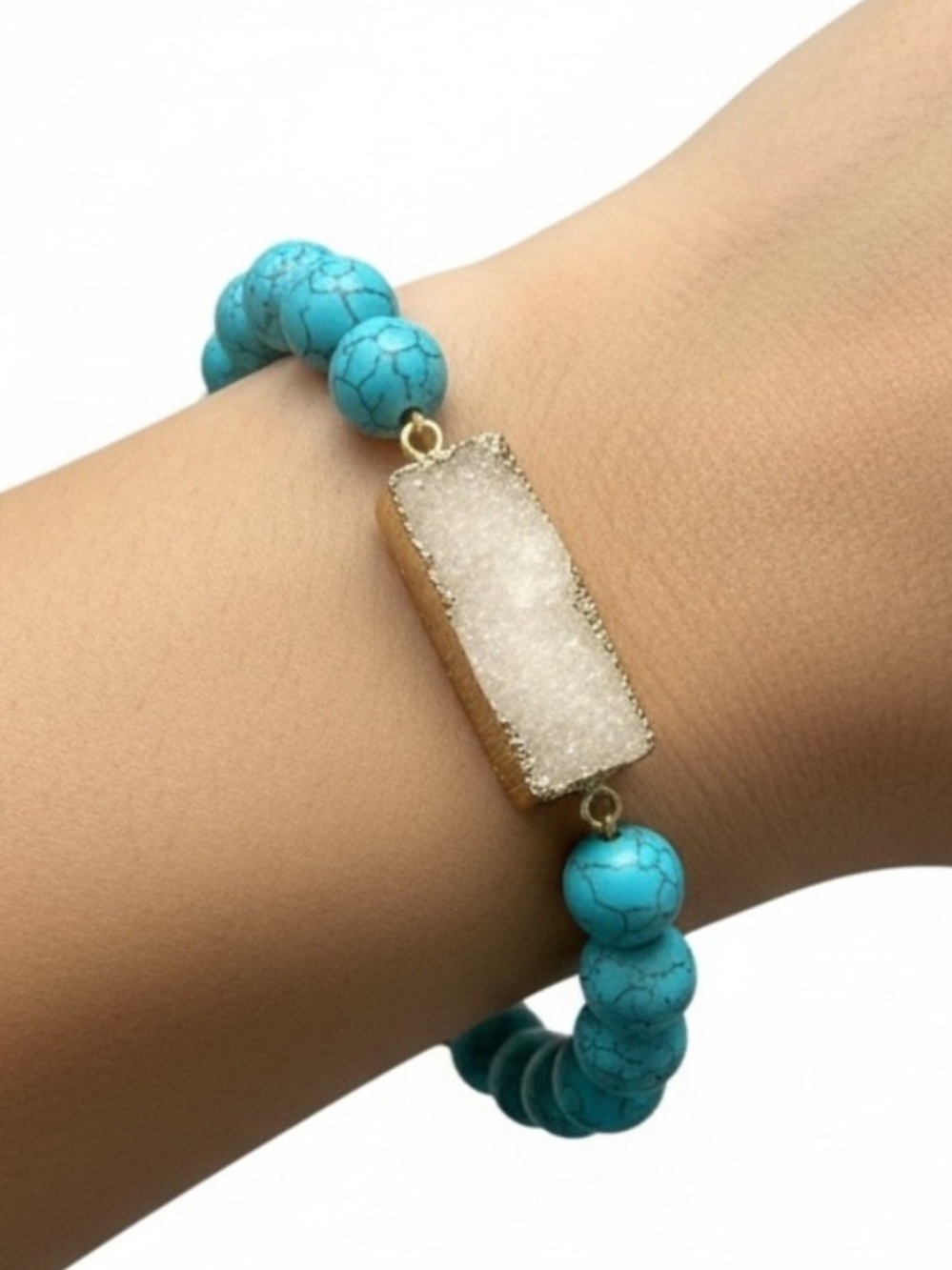 Turquoise Color Beaded Druzy Bar Stretch Bracelet